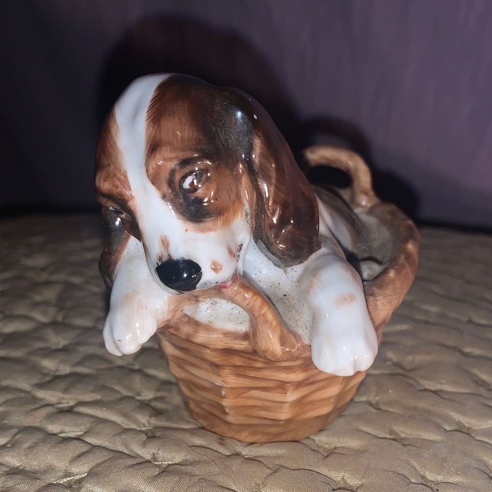 Royal Doulton Brown and White Puppy in Basket Figurine